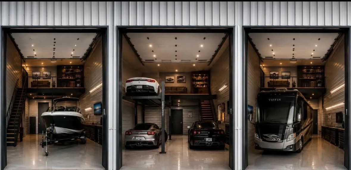 Three luxury garage units built out with a boat, supercars, and a motorhome, each with a finished loft above